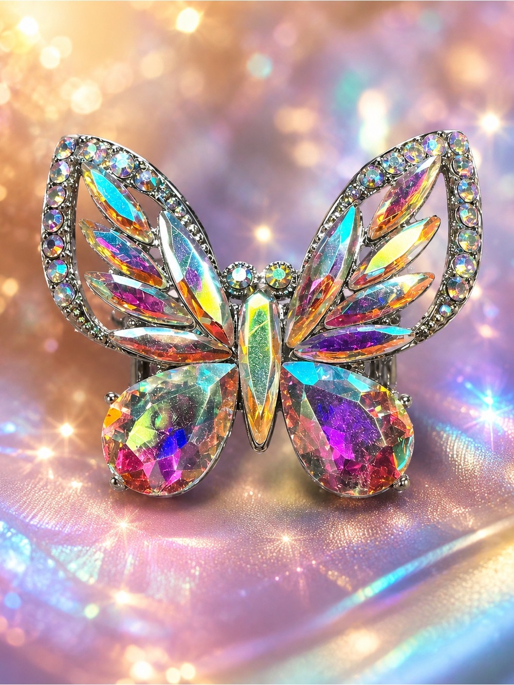 Gorgeous AB butterfly stretch ring NEW in bag! Show stopper! Silver toned